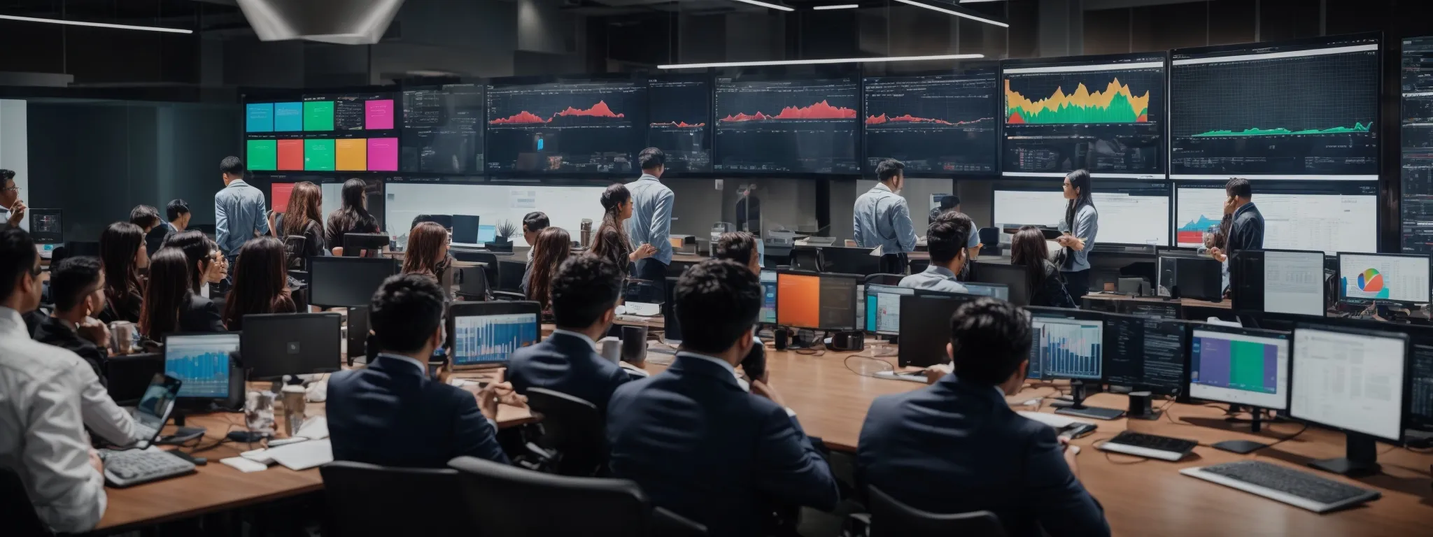 a professional social media team strategizes around a large conference table laden with digital devices and screens displaying colorful analytics charts.