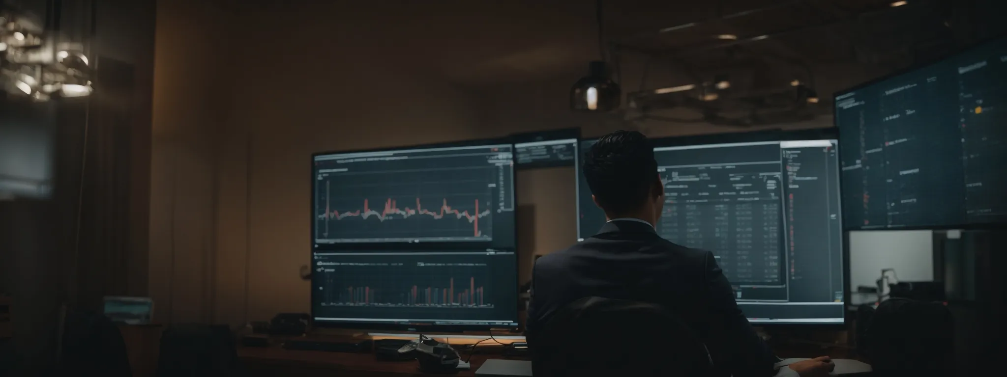 a marketer analyzing data graphs on a screen that reflects both tv ratings and website traffic trends.