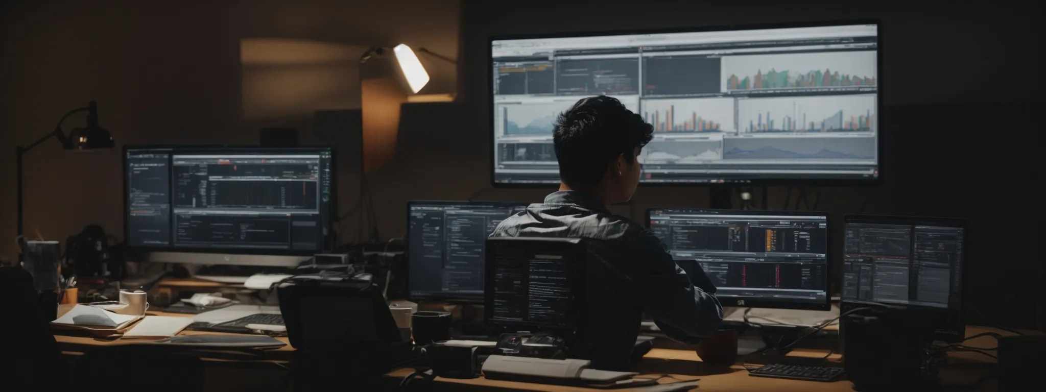 a person sitting in front of a computer with multiple browser tabs open, showing a variety of analytics and website development tools.