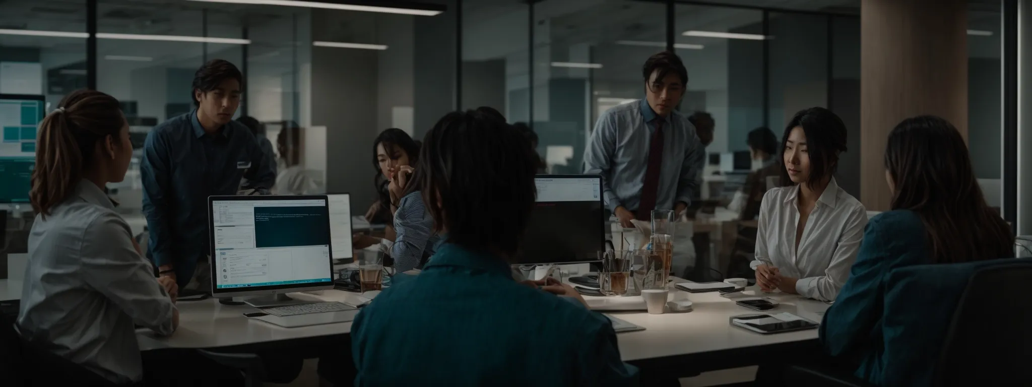 a marketing team brainstorming around a computer in a modern office setting.