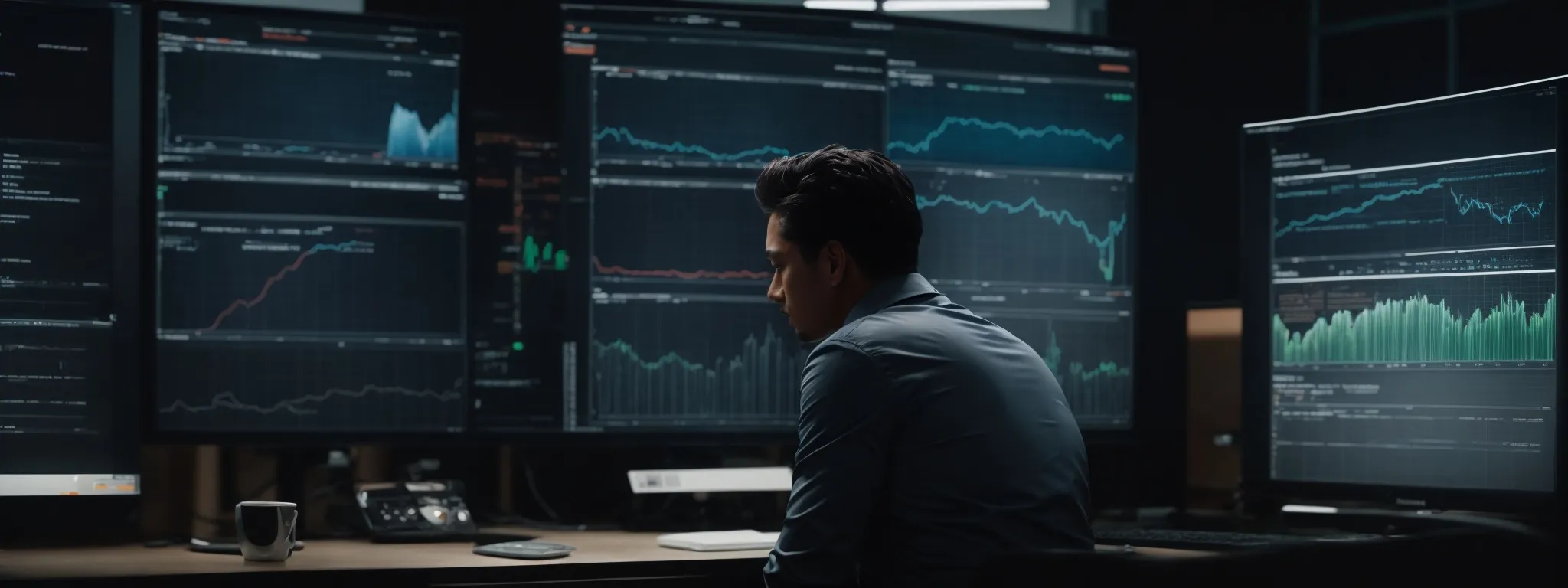 a focused individual interacting with a large-screen monitor displaying graphs and data relevant to seo performance.