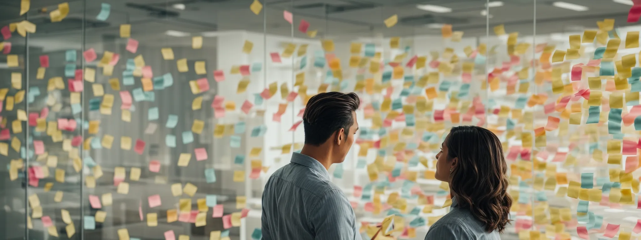 a person peacefully brainstorming with colorful sticky notes on a clear glass wall in a modern office, symbolizing strategic content planning.