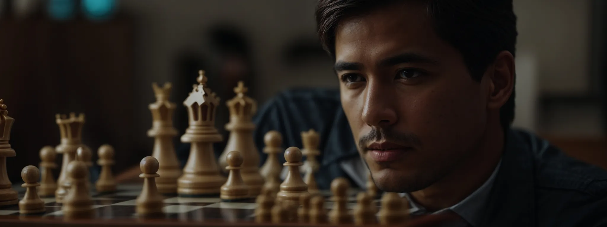 A man closely observes a chessboard with wooden chess pieces, appearing focused and thoughtful during a game.