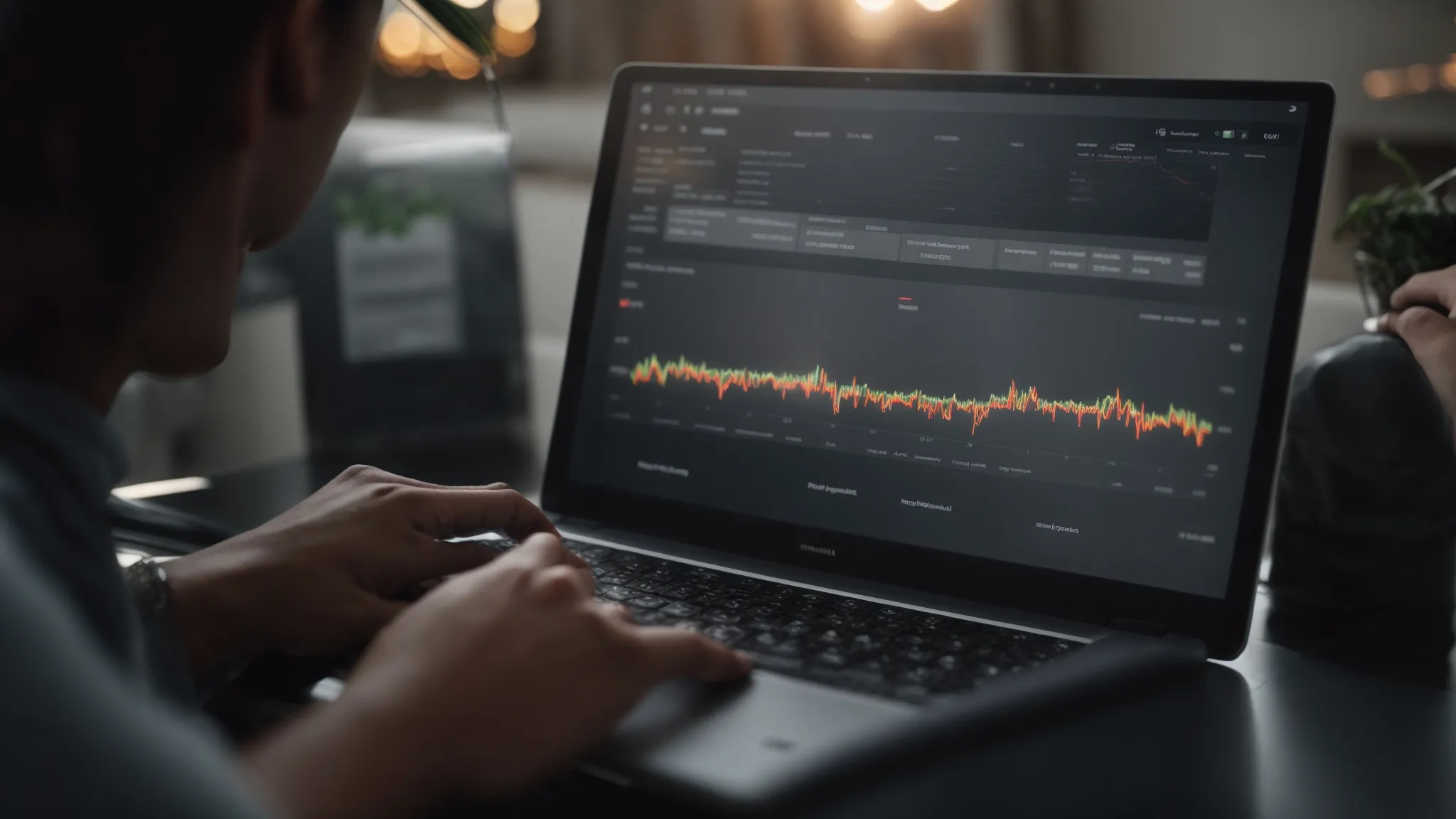 a person typing on a laptop with a graph showing website traffic growth.