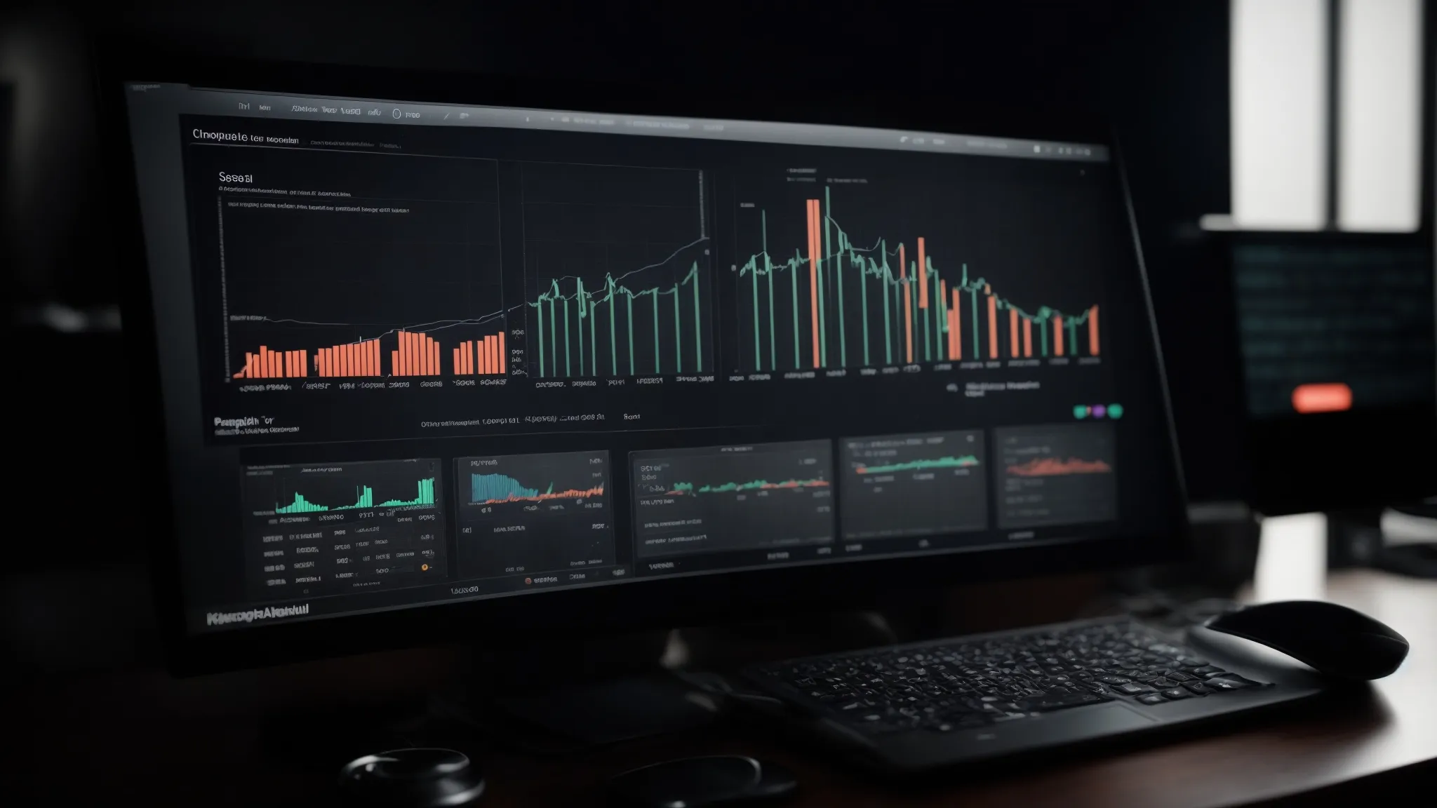 a computer screen displaying graphs and data analysis metrics with icons representing rank tracker and seo spyglass software.