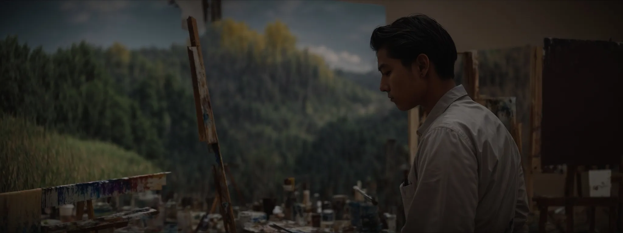 a painter focusing intently on a canvas, blending colors to create a vivid landscape.