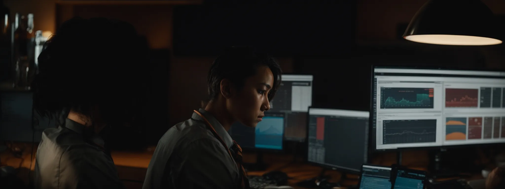 a professional at a computer examining a detailed analytics dashboard reflecting website performance metrics.