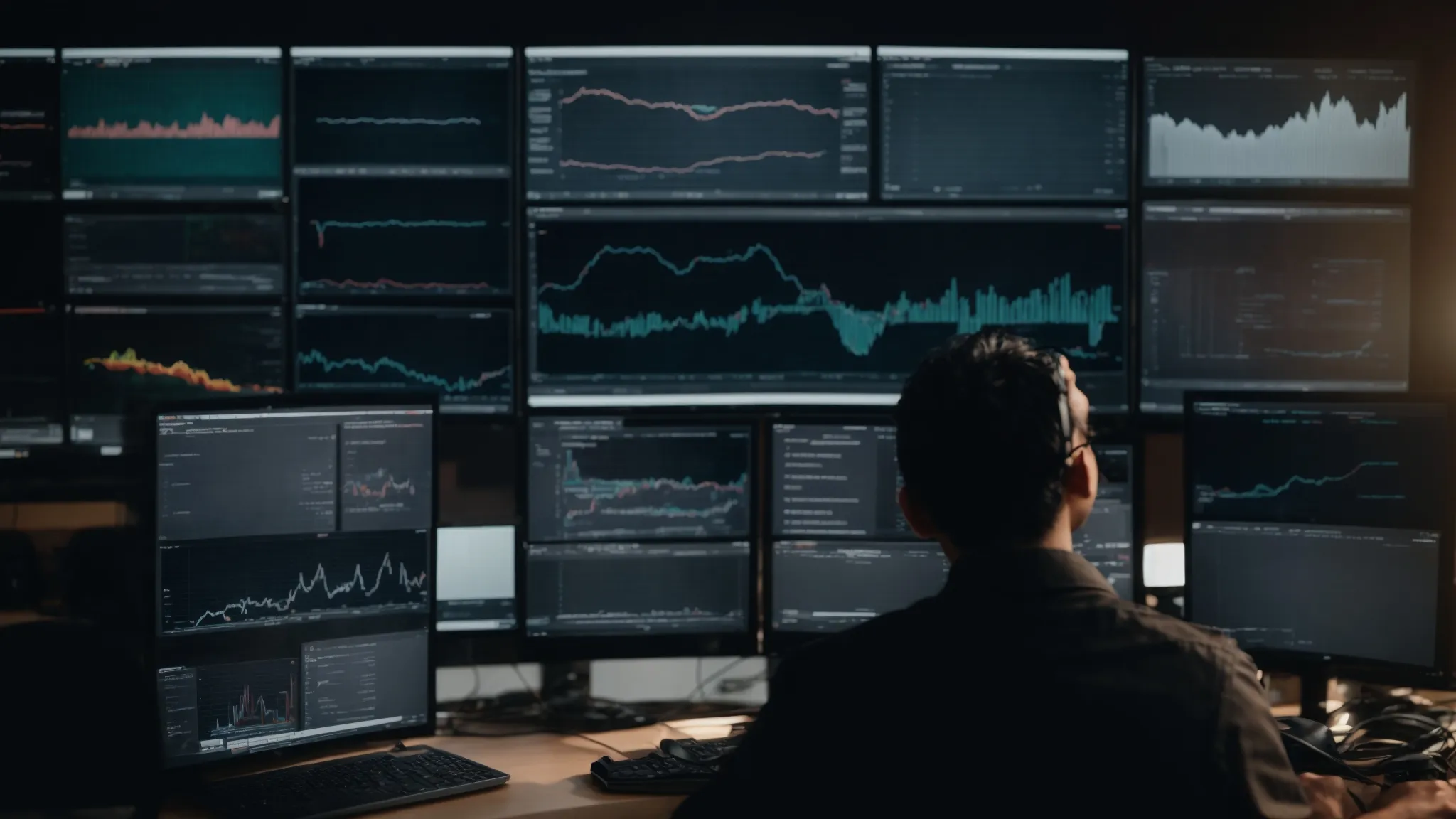 a person sits in front of a computer with multiple analytics dashboards open on the screen.