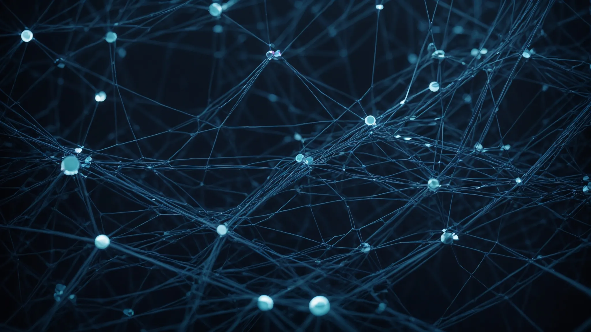 Abstract visualization of a neural network or digital data connections with glowing nodes and interconnected lines on a dark background.