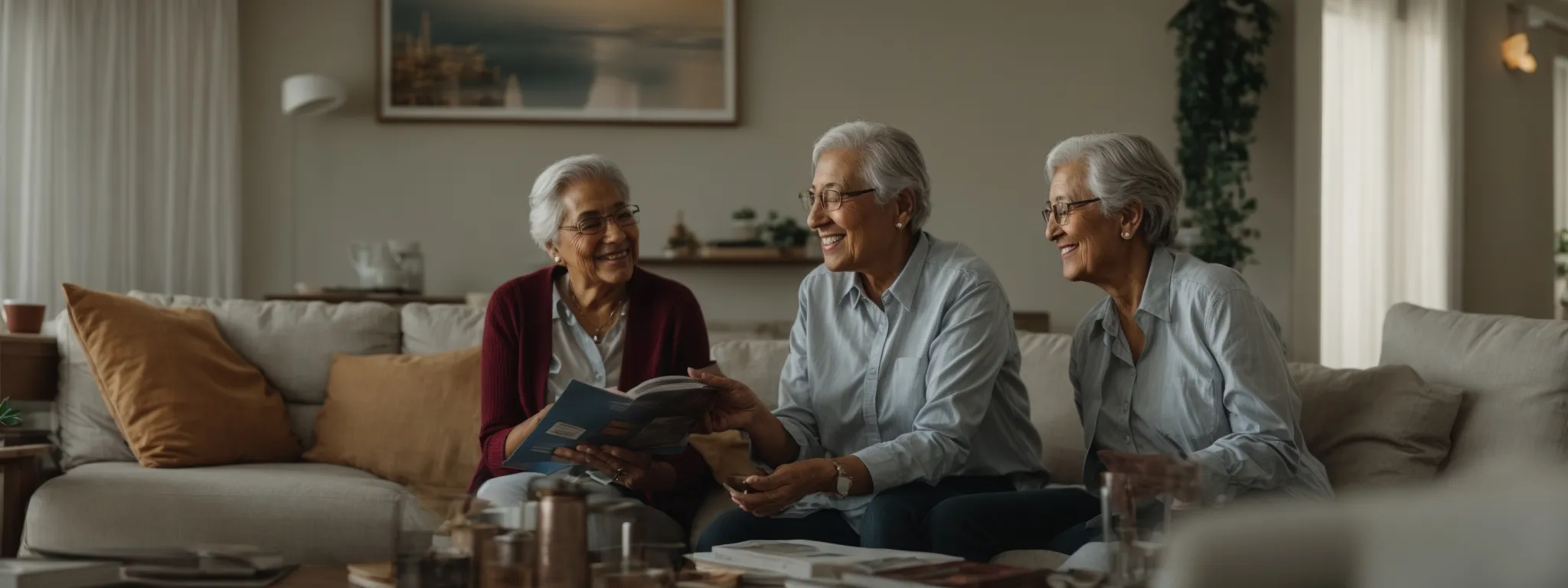 a thoughtful marketer presenting a customized brochure to a smiling elderly couple in a comfortable living room.