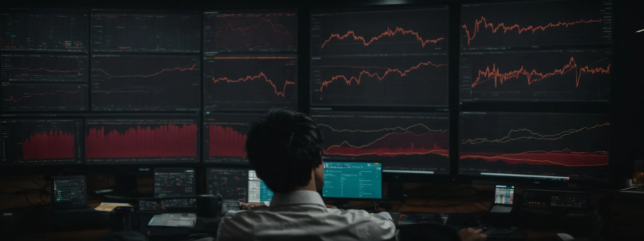 a person in front of a computer screen analyzing a complex graph representing website traffic patterns.