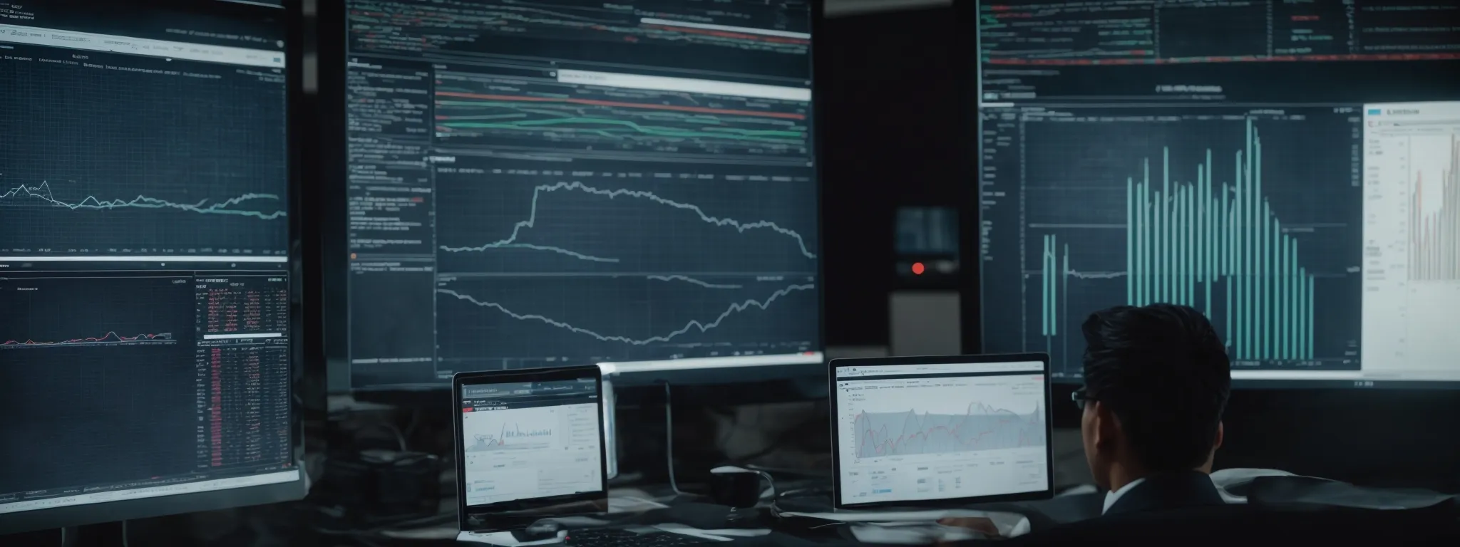 a loan officer intently surveys dynamic graphs on a computer screen depicting social media analytics and website traffic trends.