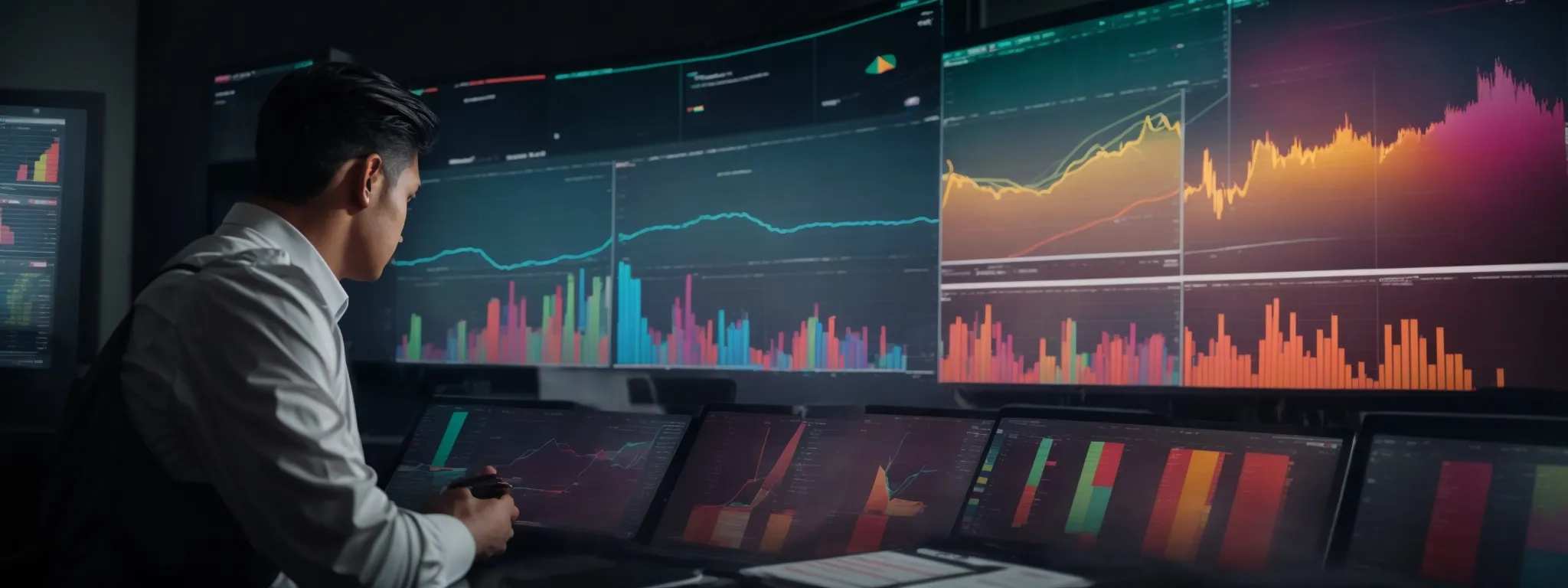 a business executive analyzing colorful graphs and charts on a large screen demonstrating customer trends and revenue growth.