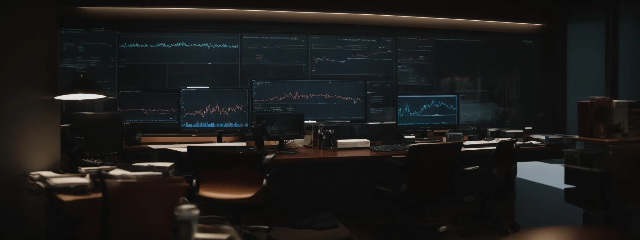 a study room with a computer displaying graphs and analytics on the screen.