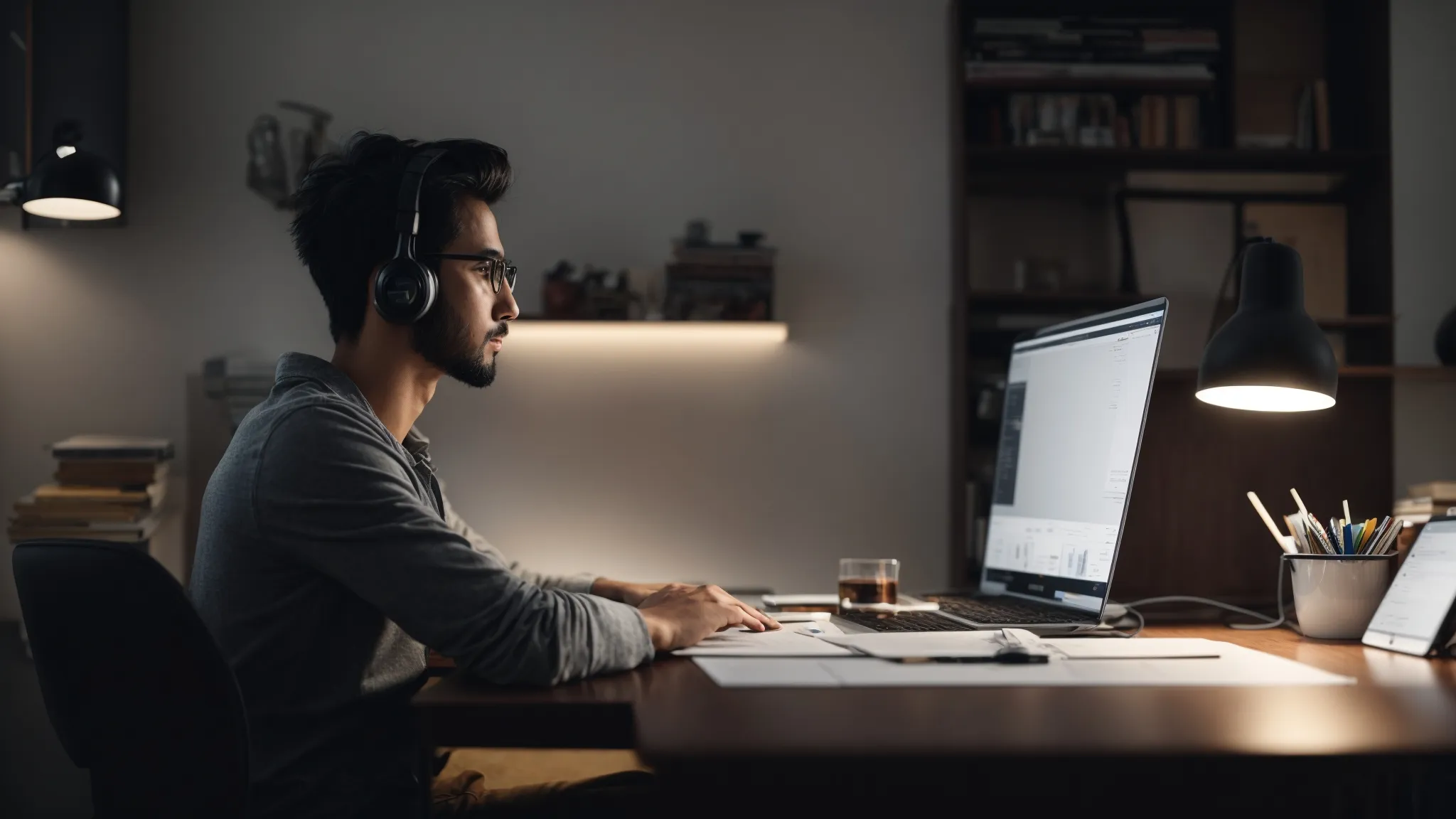 a focused individual sits in a minimalist workspace, analyzing seo strategies on a computer screen, with various marketing books in the background.