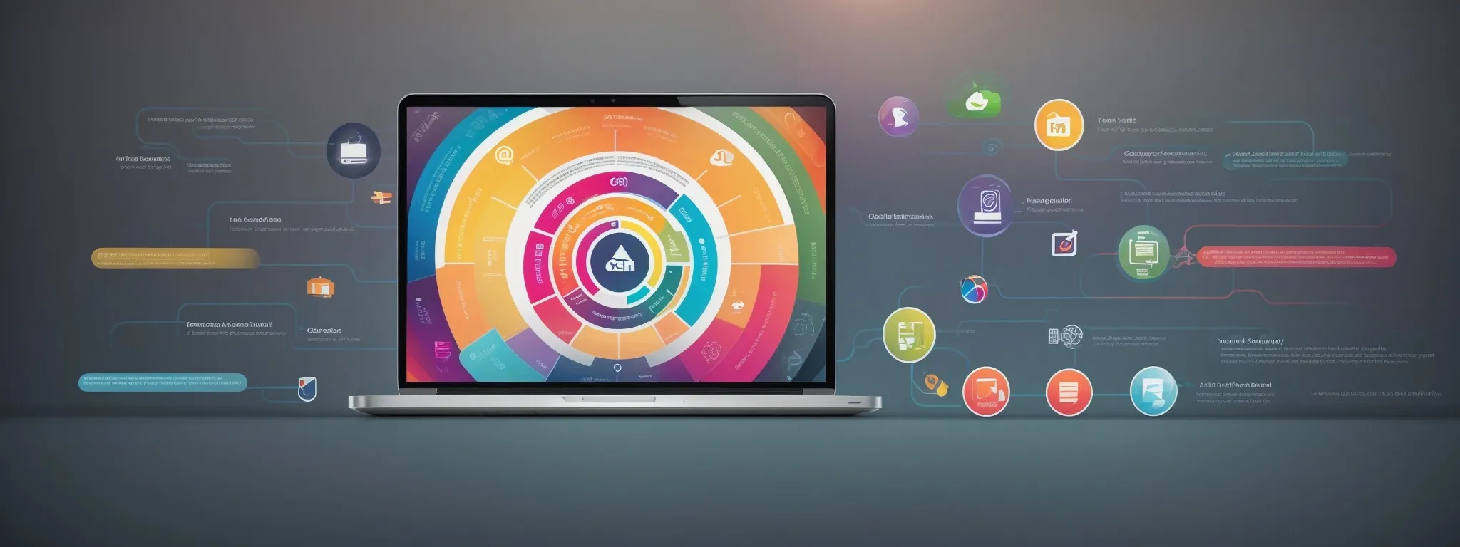 a laptop displaying a colorful infographic depicting the stages of the digital marketing funnel on its screen, with icons symbolizing awareness, consideration, decision, and loyalty.