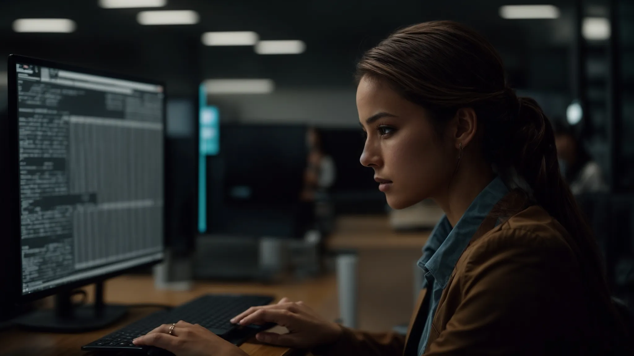 a woman stares intently at a computer screen, navigating a platform for business account management.