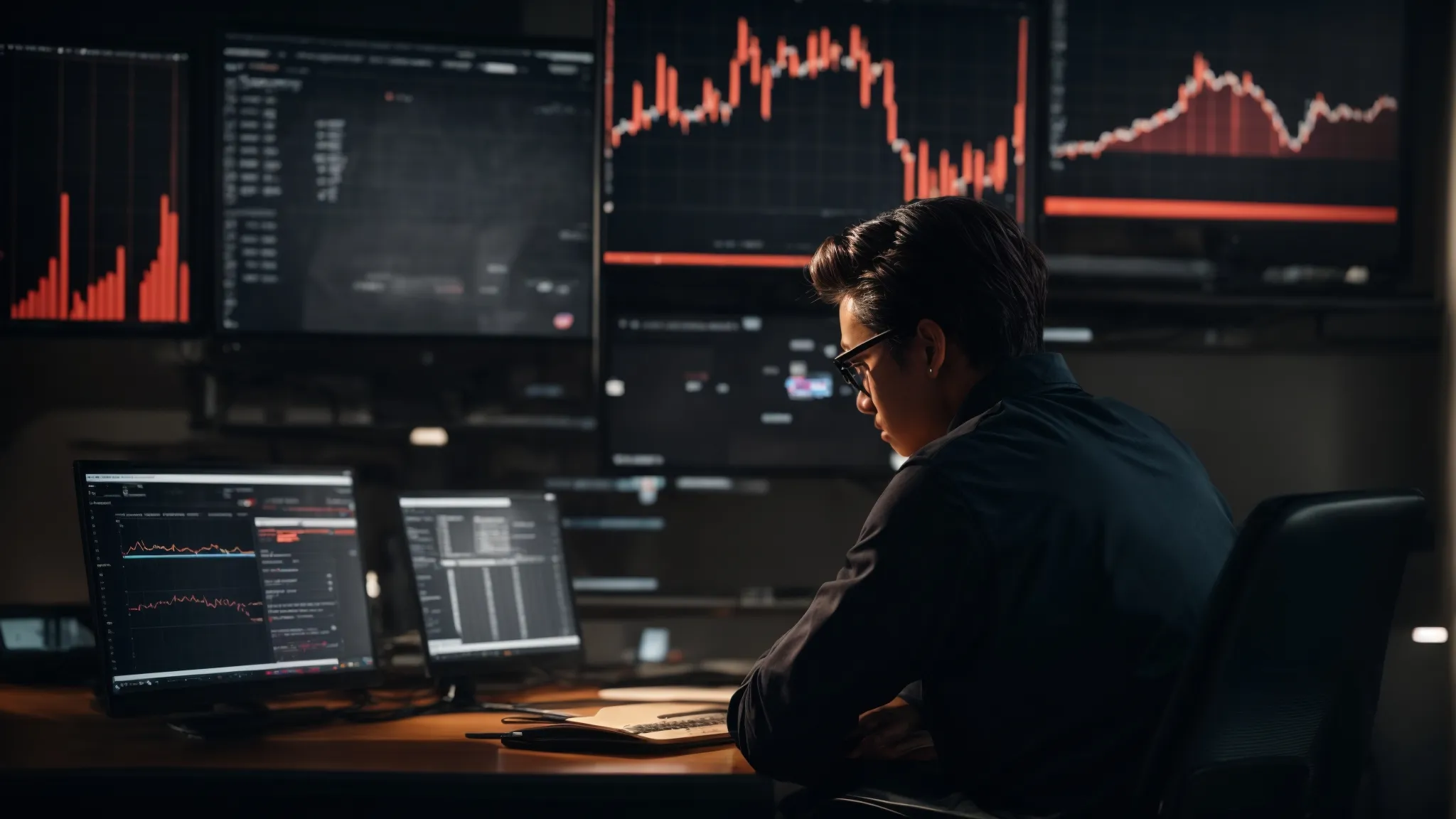 a person sitting in front of a computer screen, viewing graphs and analytics while contemplating a marketing strategy.