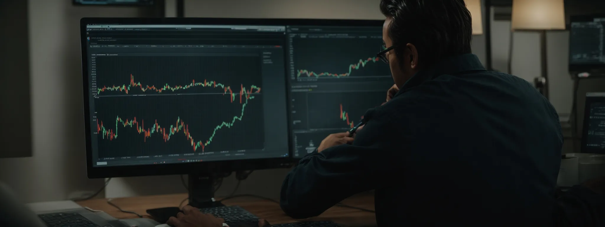 a marketer analyzes data on a computer screen, indicating search trends and keyword volumes.