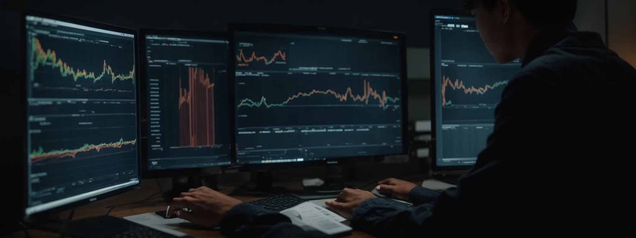 a person intently studies analytics on a computer screen, reflecting website performance graphs and seo metrics.