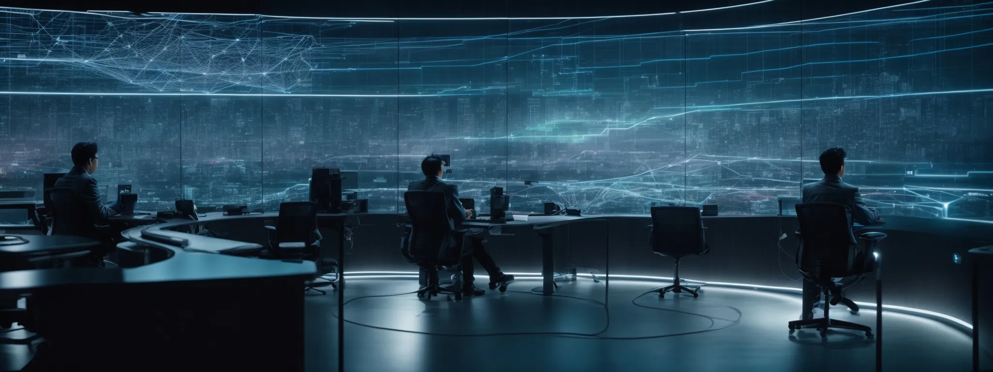 a person at a modern desk interacting with a futuristic holographic display showing dynamic graphs and web structures.