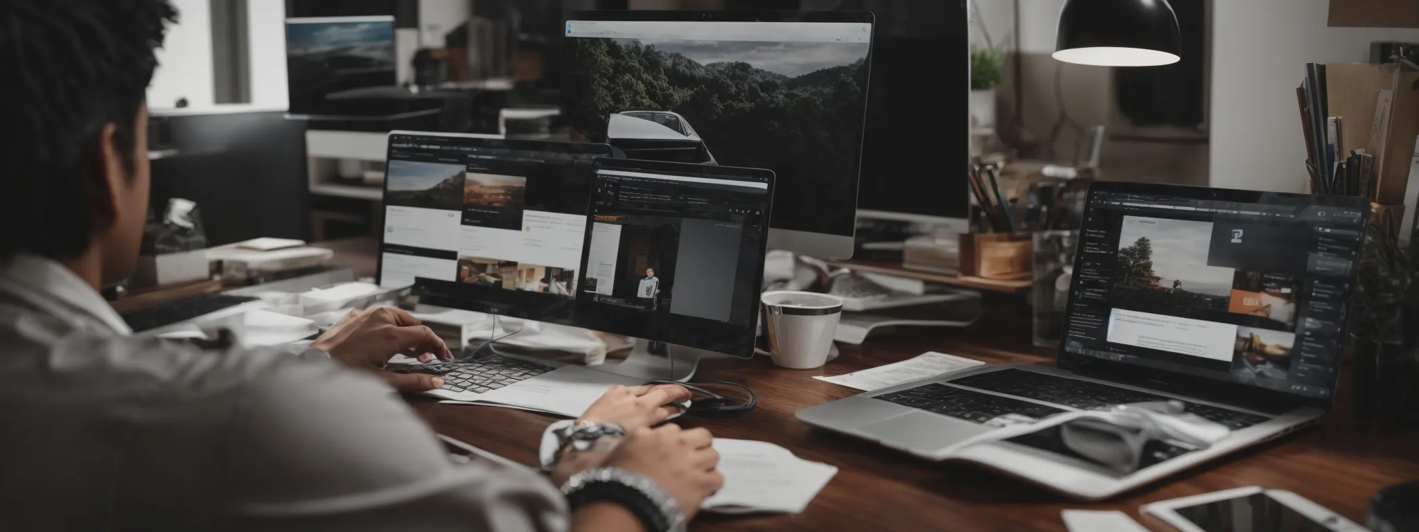 a person working on a modern, clutter-free desk, with an open laptop displaying a website being customized for social media integration.