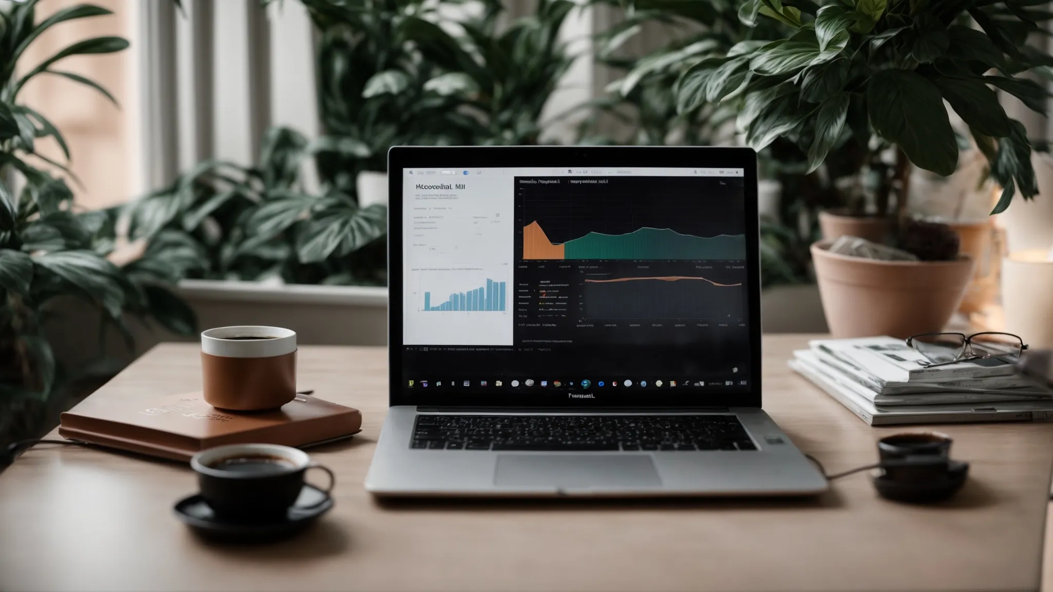a laptop displaying graphs and keywords on its screen, resting on a desk next to a potted plant and a cup of coffee.