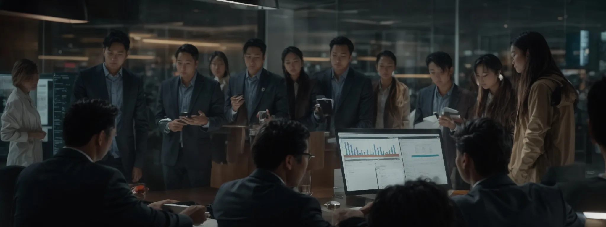 a group of marketers gather around a large digital screen, analyzing graphs and metrics for their latest campaign.