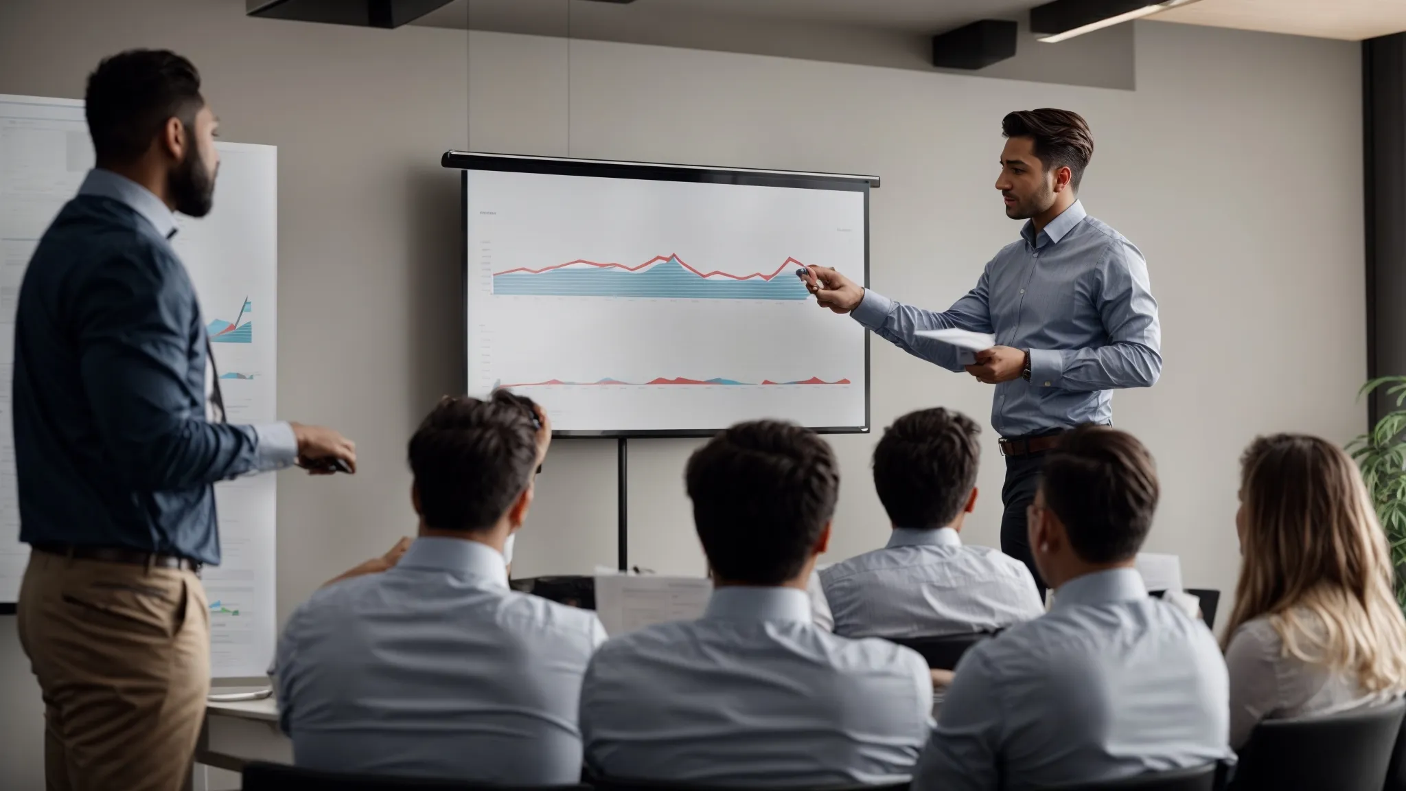a marketing professional presents a chart-topping graph to a team of engaged listeners at a conference room.