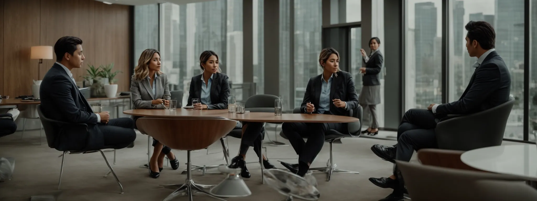 a roundtable discussion between professionals in a modern office setting.