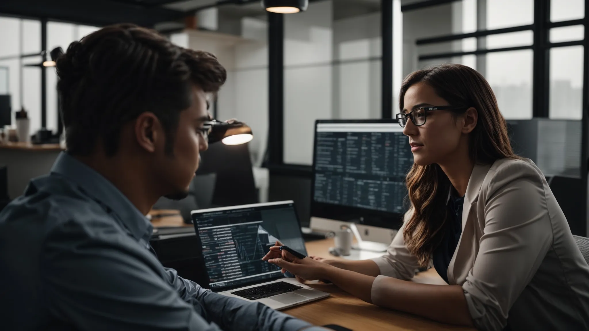 A woman in glasses explains financial data on a laptop screen to a male colleague in an office setting, with multiple monitors displaying charts and numbers in the background.