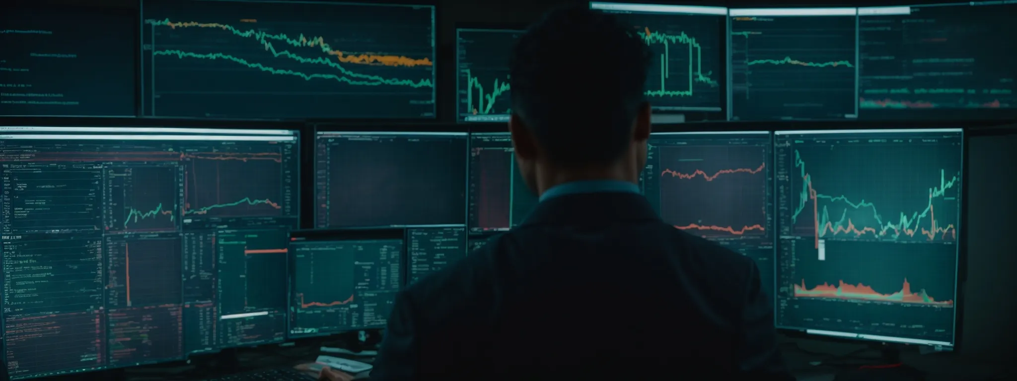 a cybersecurity expert examines a computer screen displaying website analytics while safeguarding digital infrastructure.