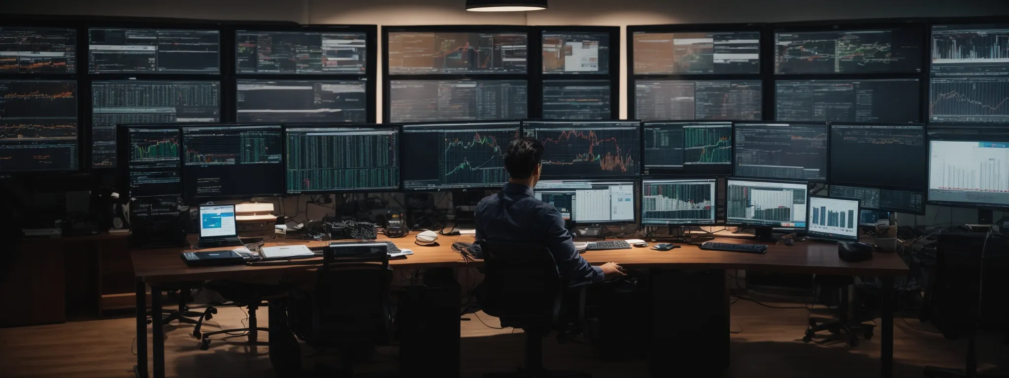 an seo analyst works at a desk with multiple computer screens displaying website analytics and seo tools.