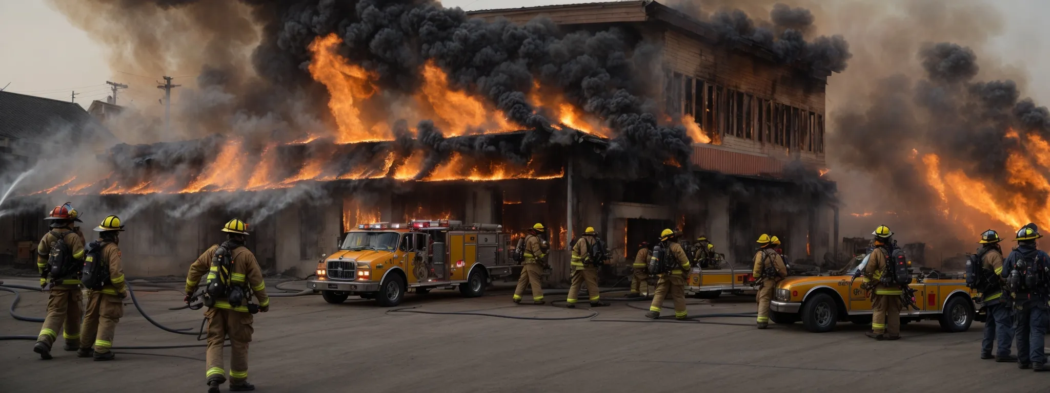 a blazing inferno engulfs a building as firefighters scramble to control the flames.