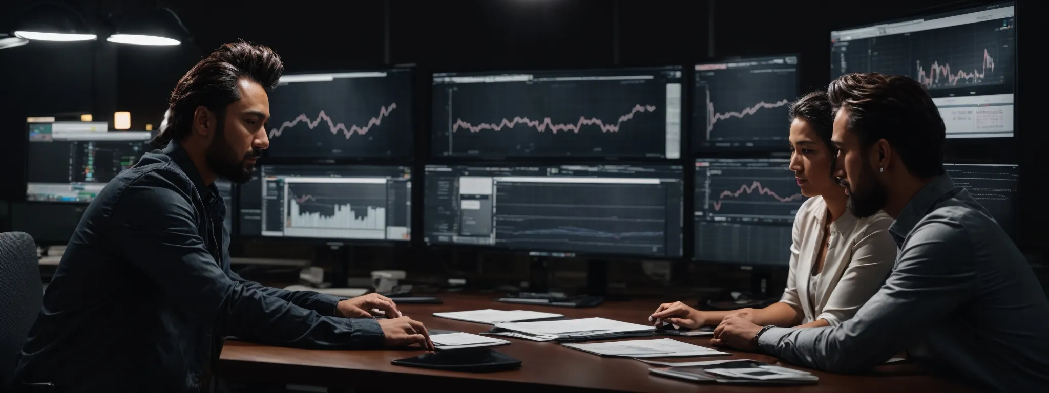 a digital marketing team analyzes graphs on large monitors reflecting their link-building campaign progress.