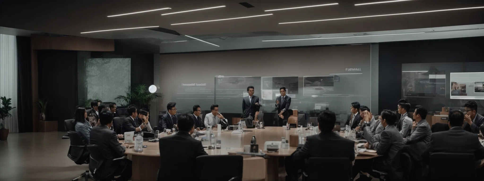 a strategic meeting where e-commerce professionals discuss implementing advanced visual search technology on their digital platform.