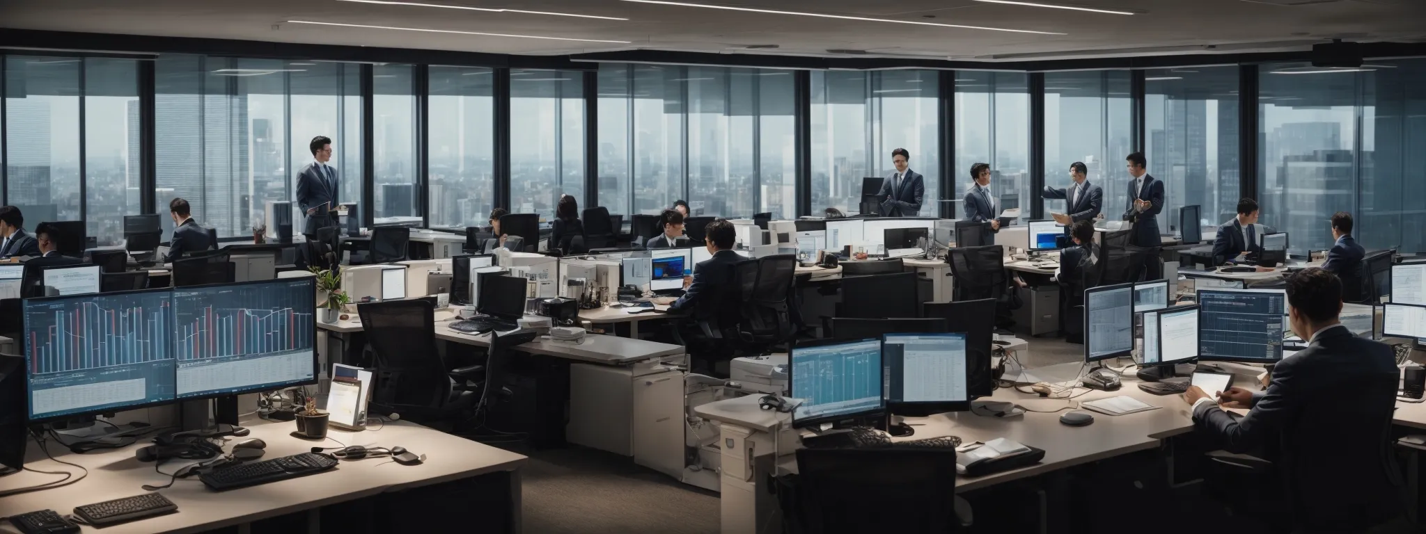 a panoramic view of a busy modern office with attorneys consulting in front of computer screens displaying analytics graphs.