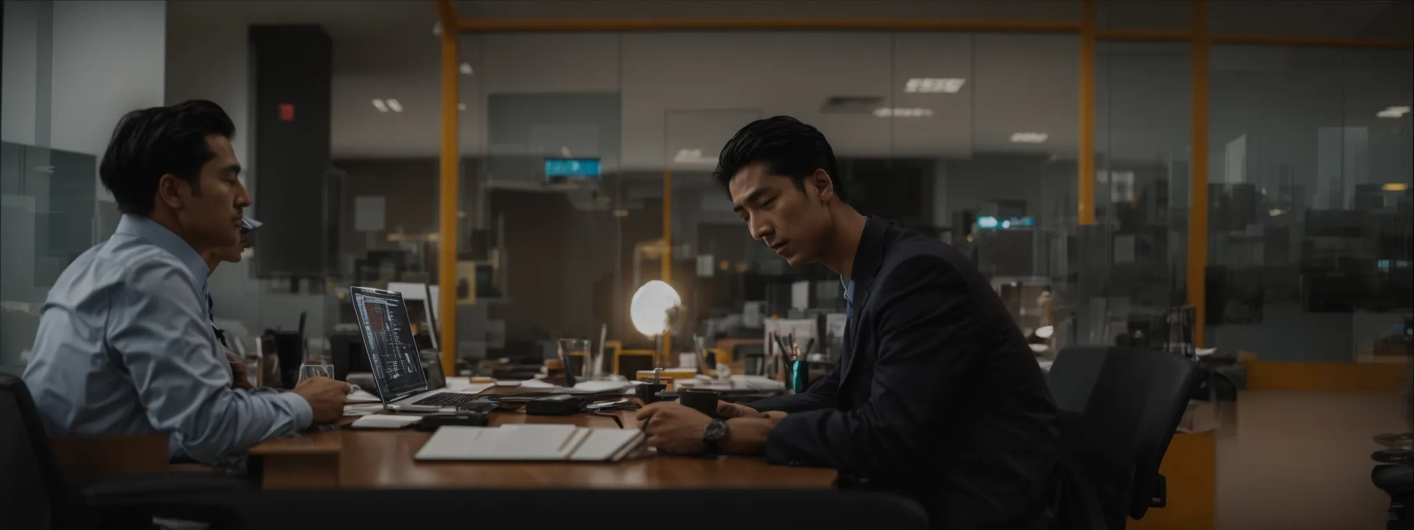 two professionals discussing strategies over a computer screen in a modern office setting.