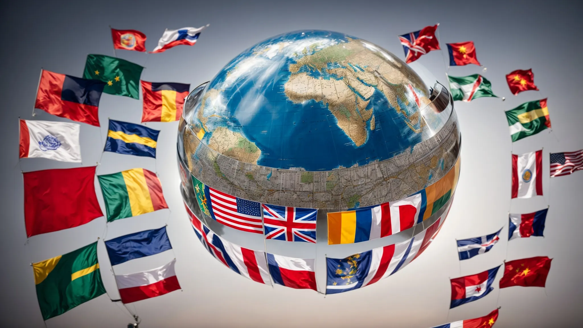 a globe surrounded by various flags, representing diverse countries and languages, with a magnifying glass focusing on a particular region.