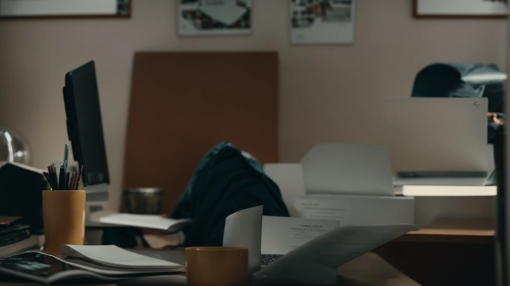 a person sitting at a computer desk with a visible certificate and a book on seo in the background.