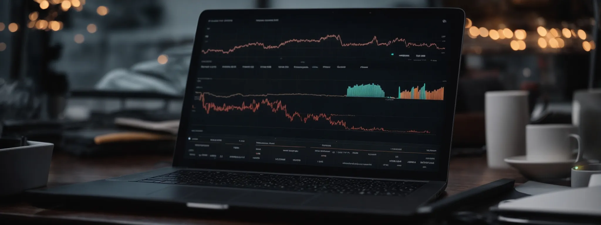 a laptop displaying analytics on a website's performance, with upward trending graphs.