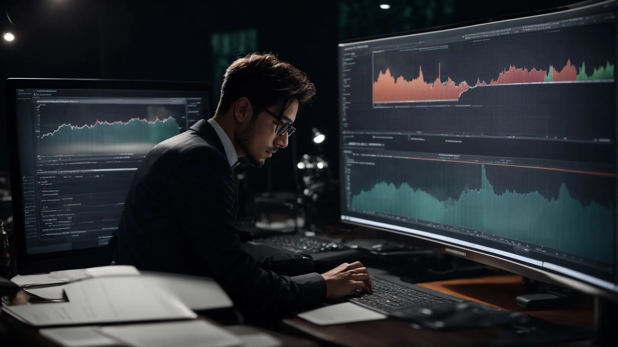 a professional person analyzing charts on a computer screen to optimize a website's online presence.