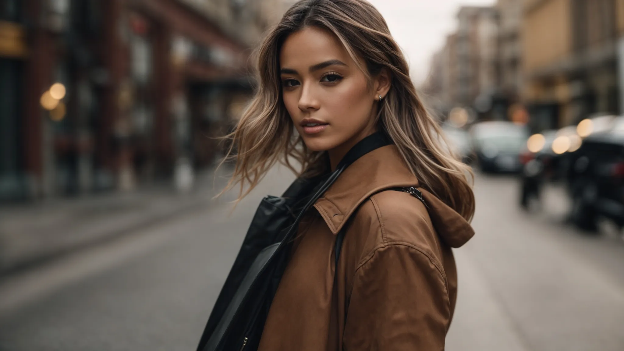 a model struts down an urban street, showcasing a trendy outfit while a photographer snaps her picture.