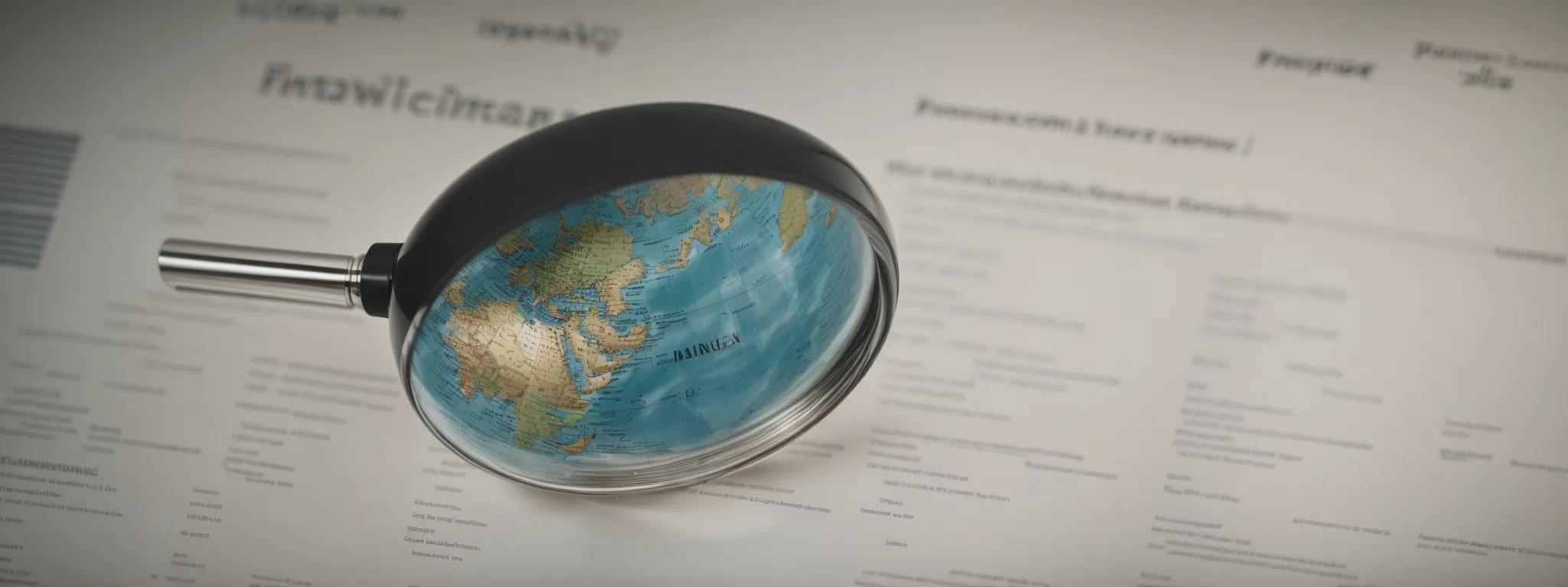 a magnifying glass hovering over a globe centered on a webpage, symbolizing the scrutiny of websites' seo metrics.