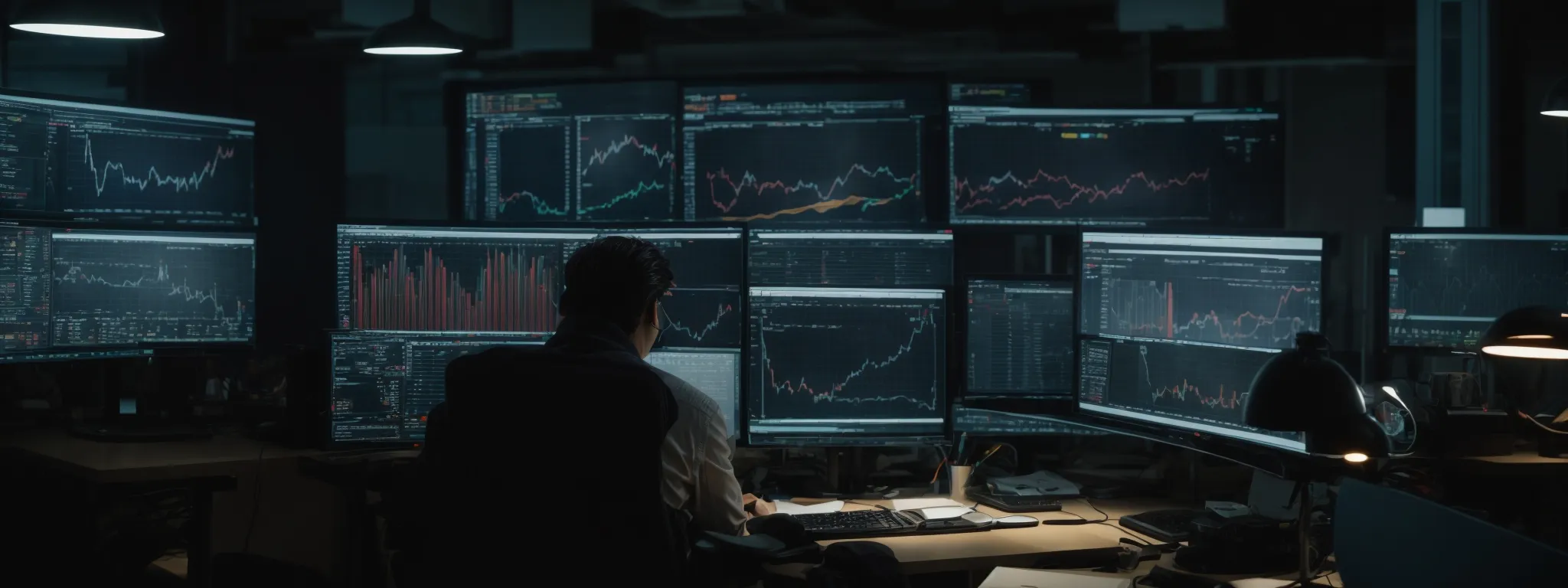a person sitting at a desk with multiple computer monitors displaying various analytical graphs and seo tools.