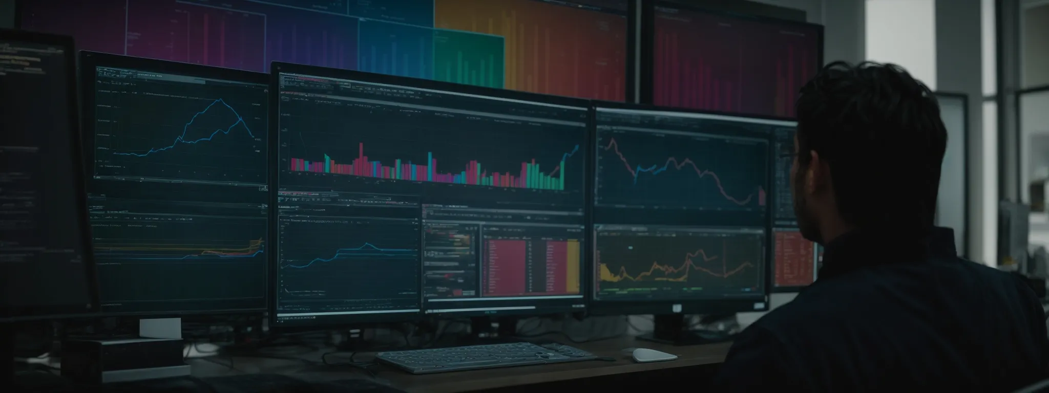 a person intently examines a large computer screen displaying a colorful analytics dashboard that represents an ongoing seo website audit process.