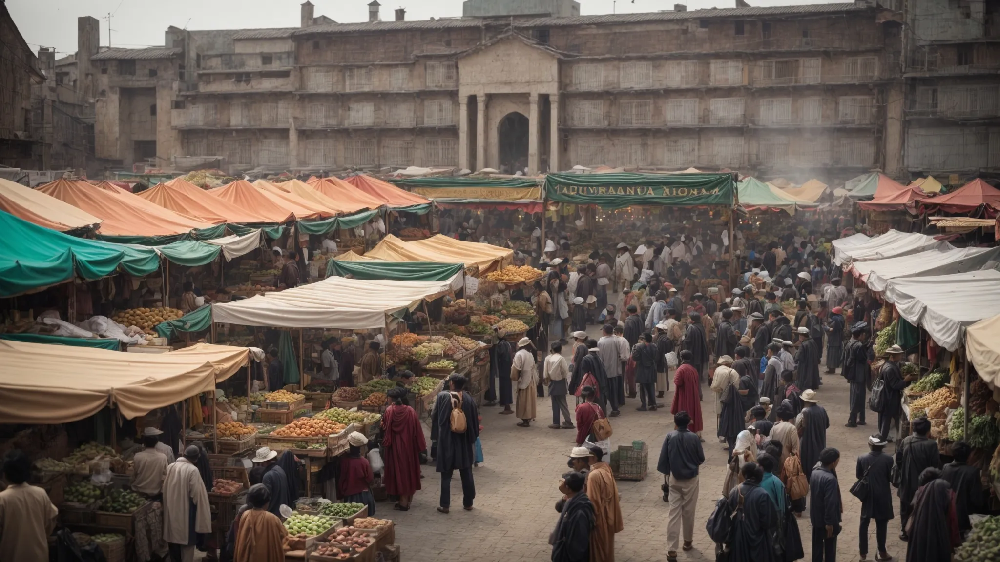 a bustling outdoor market with throngs of people exploring various stalls.
