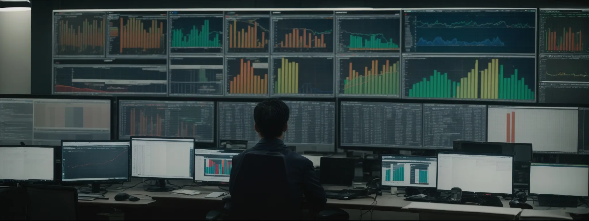a person surrounded by extensive spreadsheets and analytical reports on a computer screen in a well-lit corporate office.