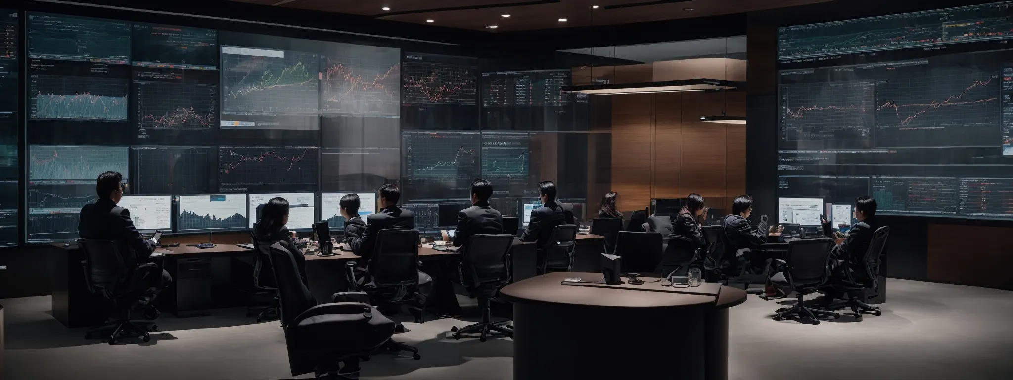 a strategic meeting room with computer screens displaying graphs and analytics as seo professionals analyze data trends.