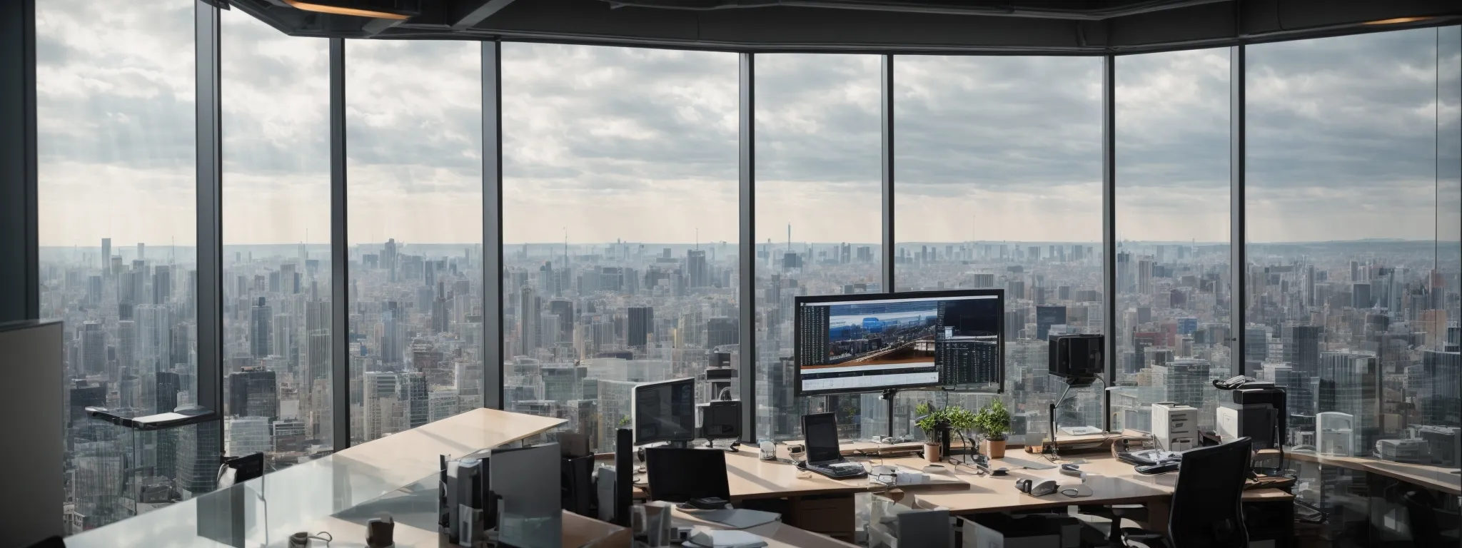 a panoramic view of a modern office with expansive glass windows overlooking a bustling cityscape, where a professional is analyzing data on a large screen.